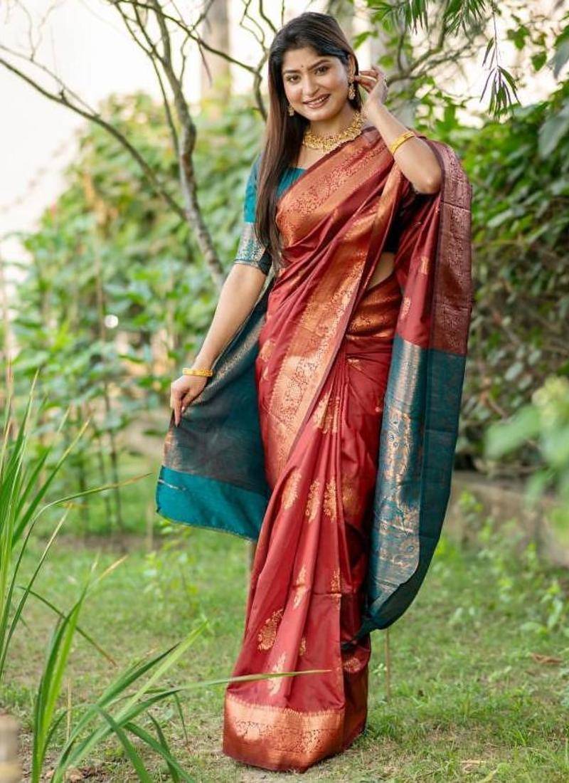 Maroon color banarasi katan silk zari weaving pattu saree