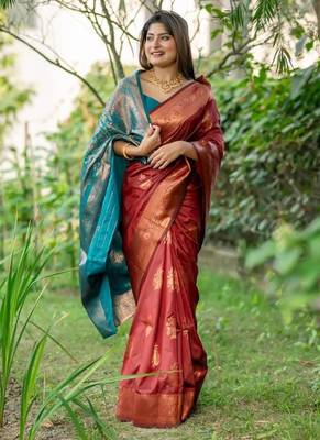 Maroon color banarasi katan silk blend zari weaving pattu saree 2