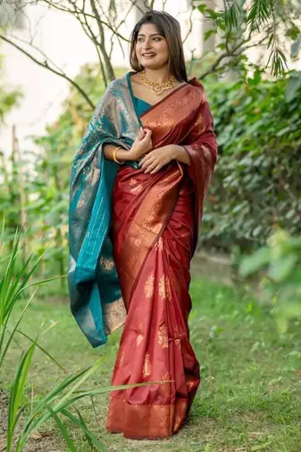 Maroon color banarasi katan silk blend zari weaving pattu saree