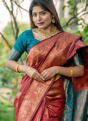 Maroon color banarasi katan silk blend zari weaving pattu saree 3