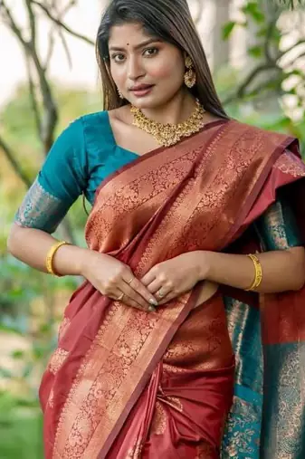 Maroon color banarasi katan silk blend zari weaving pattu saree