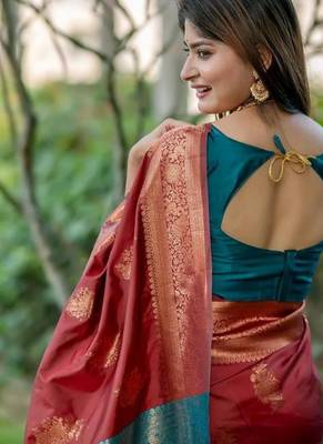 Maroon color banarasi katan silk blend zari weaving pattu saree 4