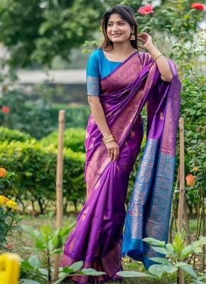 Purple color banarasi katan silk blend zari weaving pattu saree 1