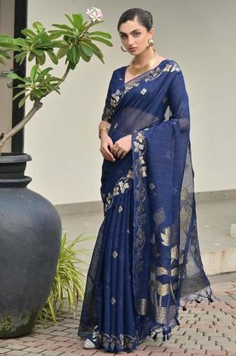 Navy blue color linen jute silk zari weaves saree with blouse