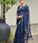 Navy blue color linen jute silk zari weaves saree with blouse