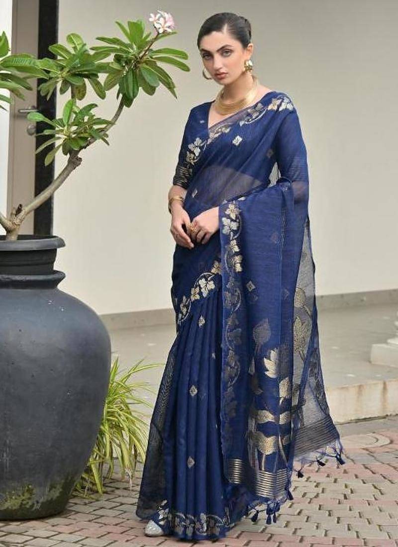 Navy blue color linen jute silk zari weaves saree with blouse