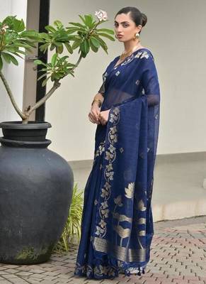 Navy blue color linen jute silk zari weaves saree with blouse 2