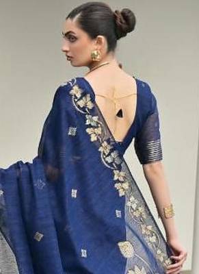 Navy blue color linen jute silk zari weaves saree with blouse 3