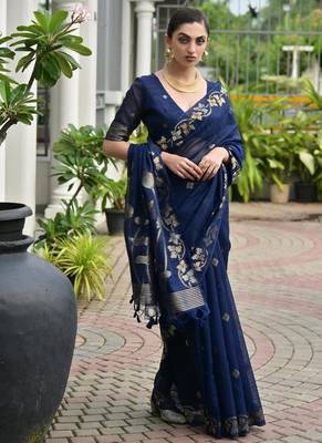 Navy blue color linen jute silk zari weaves saree with blouse 4