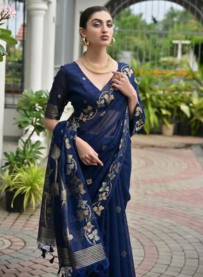 Navy blue color linen jute silk zari weaves saree with blouse 5