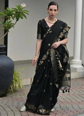 Black color linen jute silk blend zari weaves saree with blouse 1