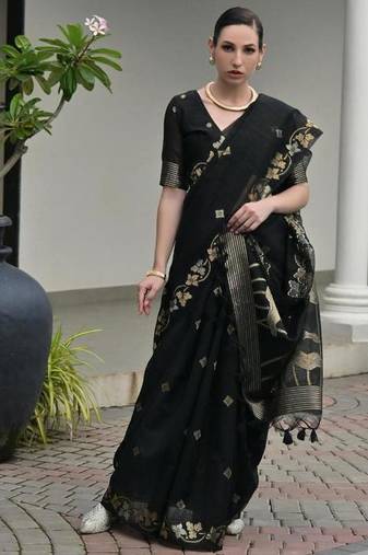 Black color linen jute silk zari weaves saree with blouse