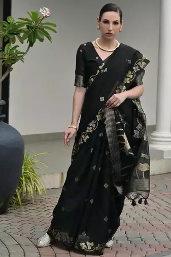 Black color linen jute silk zari weaves saree with blouse