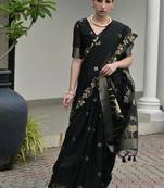 Black color linen jute silk blend zari weaves saree with blouse