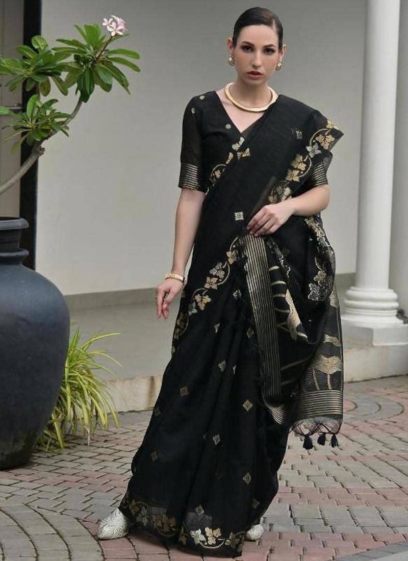 Black color linen jute silk zari weaves saree with blouse