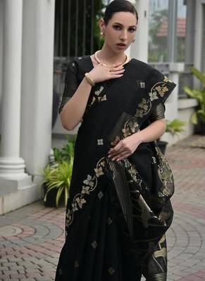 Black color linen jute silk blend zari weaves saree with blouse 2