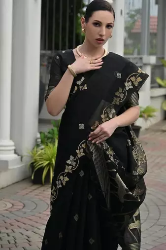Black color linen jute silk blend zari weaves saree with blouse