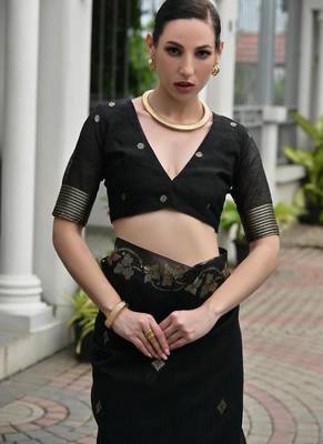 Black color linen jute silk blend zari weaves saree with blouse 3