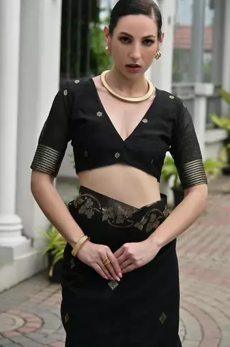 Black color linen jute silk blend zari weaves saree with blouse