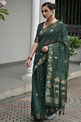 Green color linen jute silk zari weaves saree with blouse