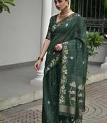 Green color linen jute silk blend zari weaves saree with blouse