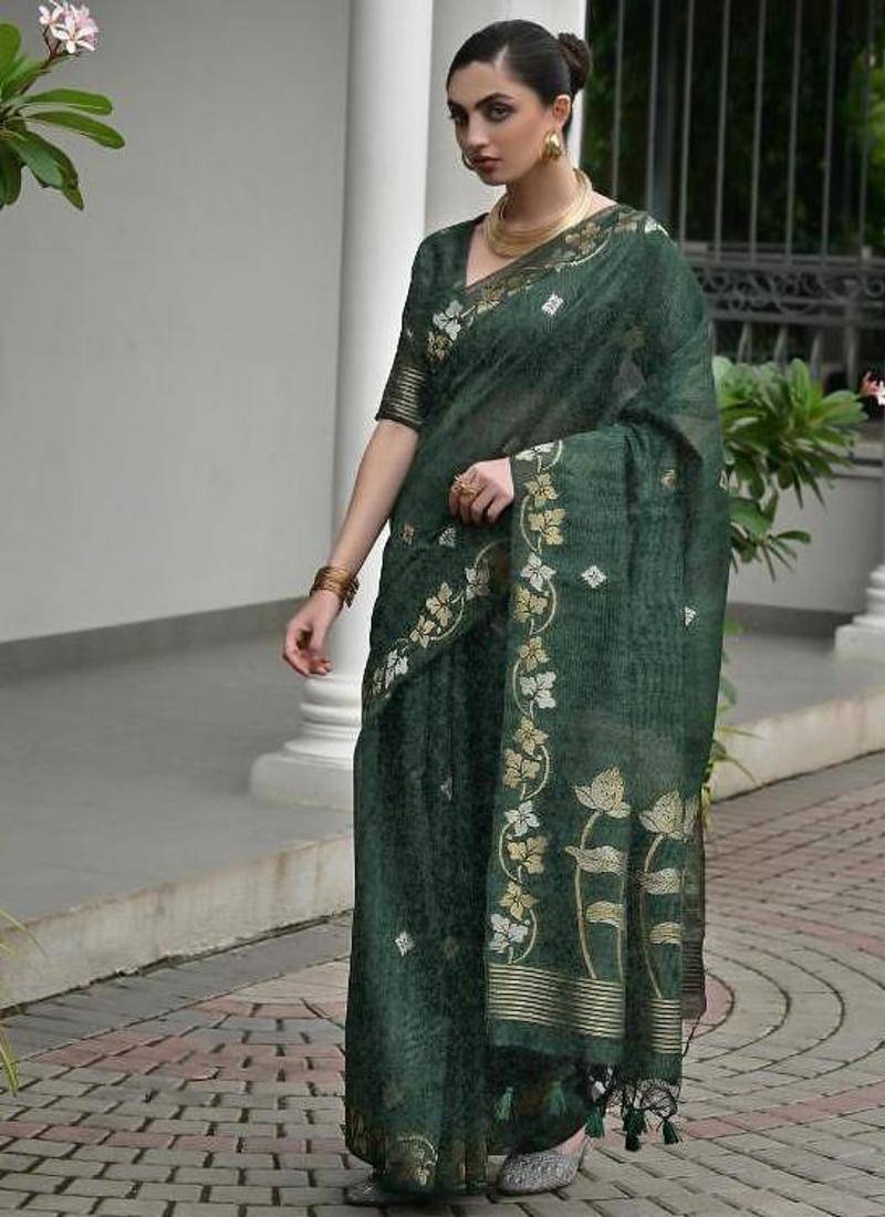 Green color linen jute silk zari weaves saree with blouse
