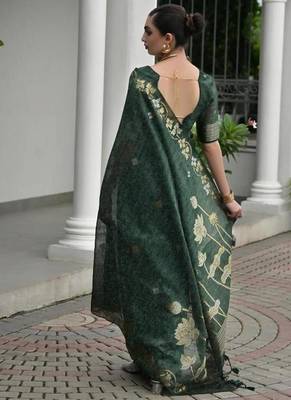 Green color linen jute silk blend zari weaves saree with blouse 2