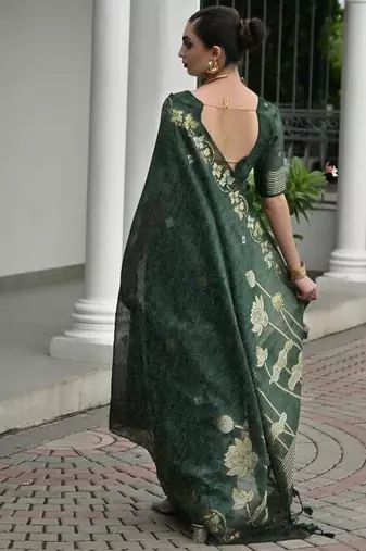 Green color linen jute silk blend zari weaves saree with blouse