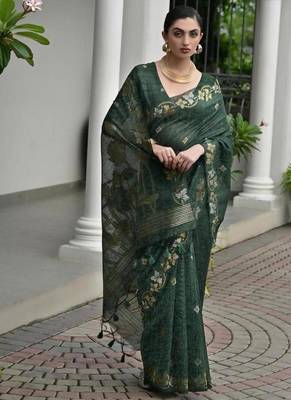 Green color linen jute silk blend zari weaves saree with blouse 3
