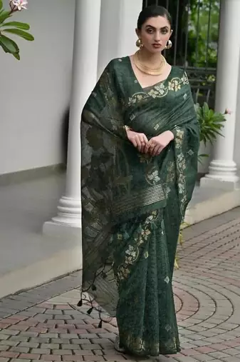 Green color linen jute silk blend zari weaves saree with blouse