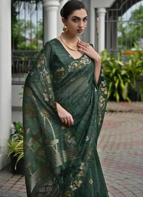 Green color linen jute silk blend zari weaves saree with blouse 4