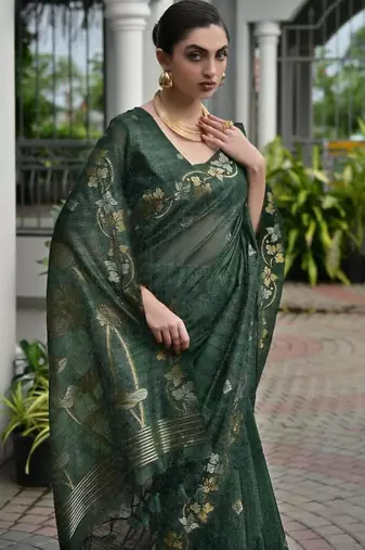 Green color linen jute silk blend zari weaves saree with blouse