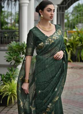 Green color linen jute silk blend zari weaves saree with blouse 5