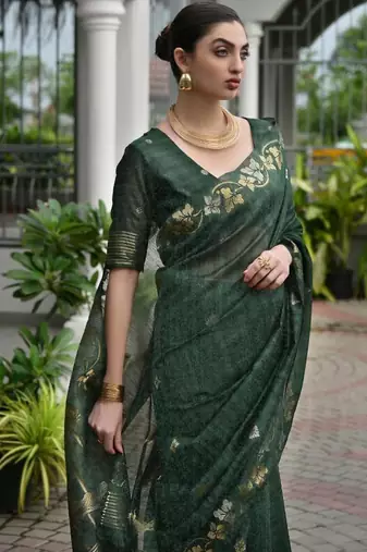Green color linen jute silk blend zari weaves saree with blouse