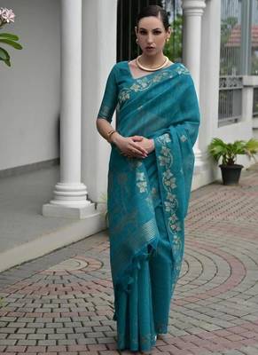 Sea green color linen jute silk blend zari weaves saree with blouse 1
