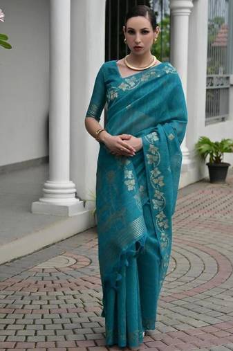 Sea green color linen jute silk zari weaves saree with blouse