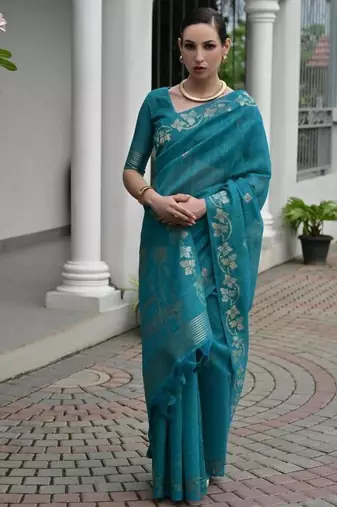 Sea green color linen jute silk zari weaves saree with blouse