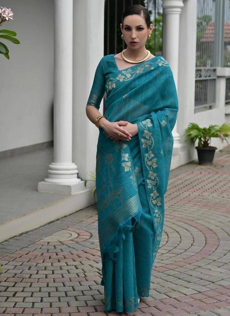 Sea green color linen jute silk zari weaves saree with blouse