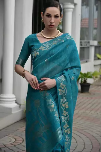 Sea green color linen jute silk blend zari weaves saree with blouse