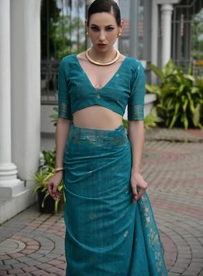 Sea green color linen jute silk blend zari weaves saree with blouse 3