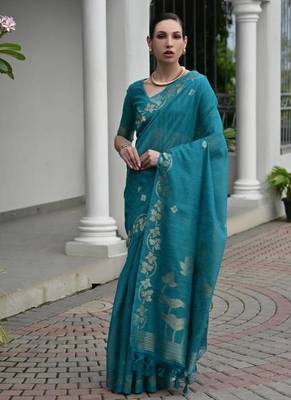 Sea green color linen jute silk blend zari weaves saree with blouse 4