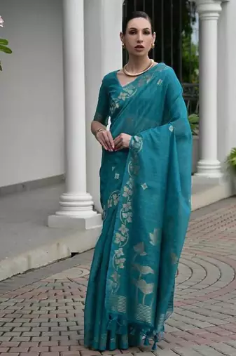 Sea green color linen jute silk blend zari weaves saree with blouse