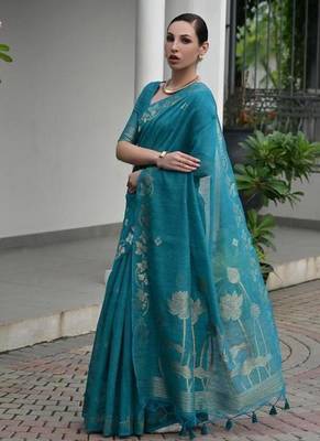 Sea green color linen jute silk blend zari weaves saree with blouse 5