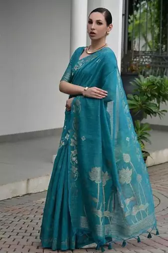 Sea green color linen jute silk blend zari weaves saree with blouse