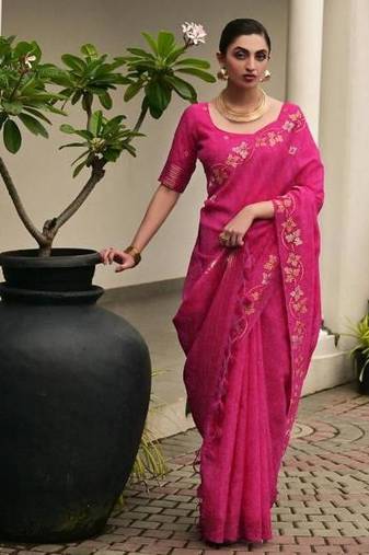 Pink color linen jute silk zari weaves saree with blouse