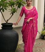 Pink color linen jute silk blend zari weaves saree with blouse