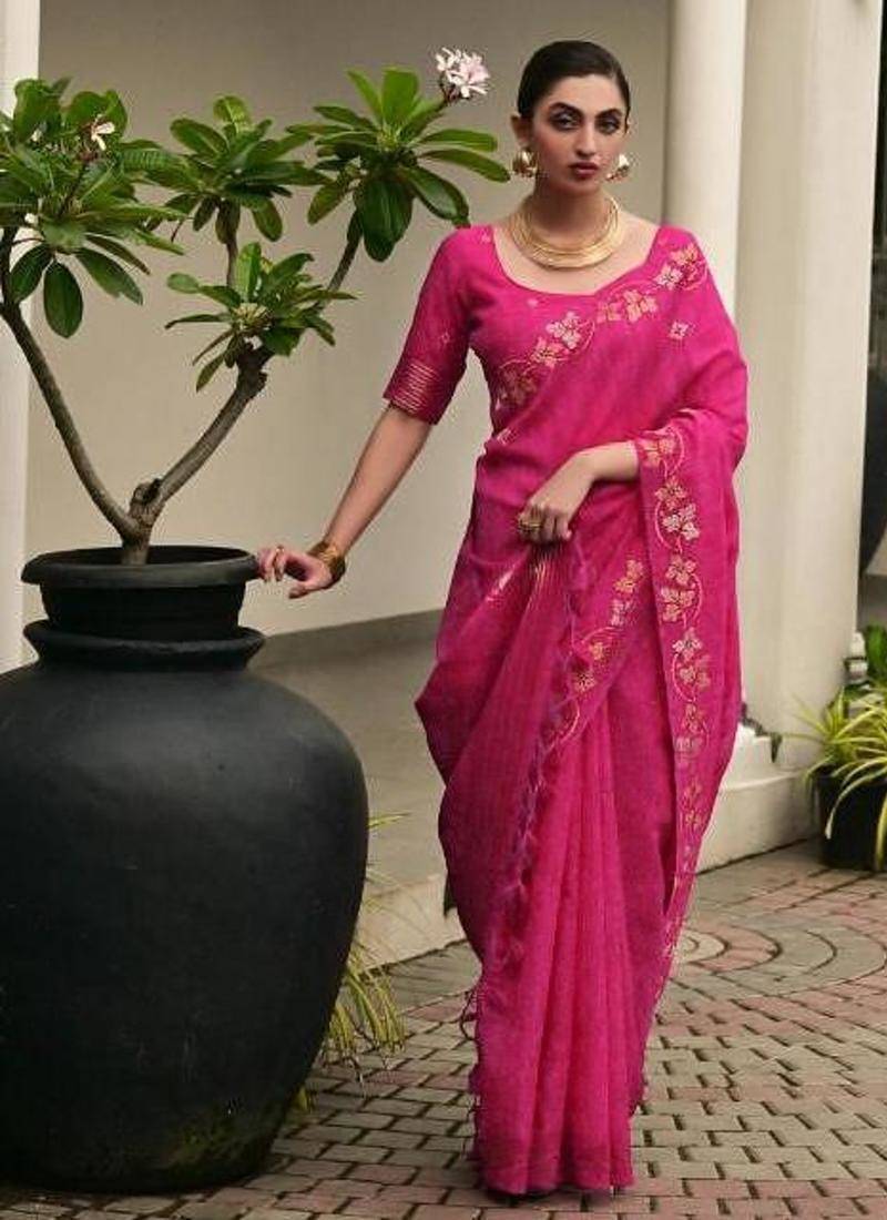 Pink color linen jute silk zari weaves saree with blouse
