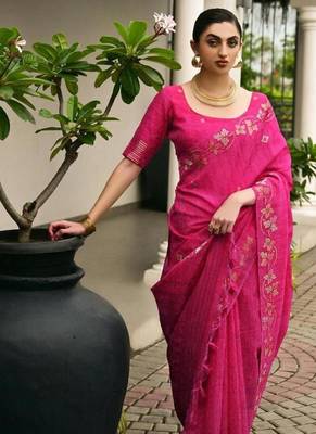 Pink color linen jute silk blend zari weaves saree with blouse 3