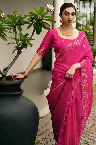 Pink color linen jute silk blend zari weaves saree with blouse
