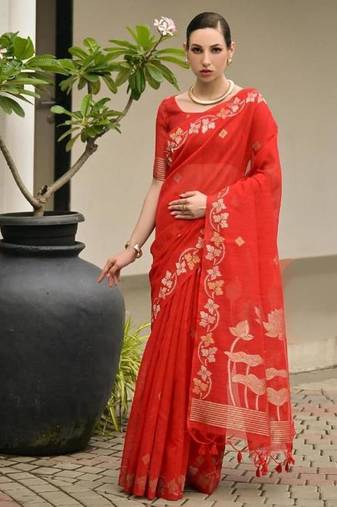 Red color linen jute silk zari weaves saree with blouse